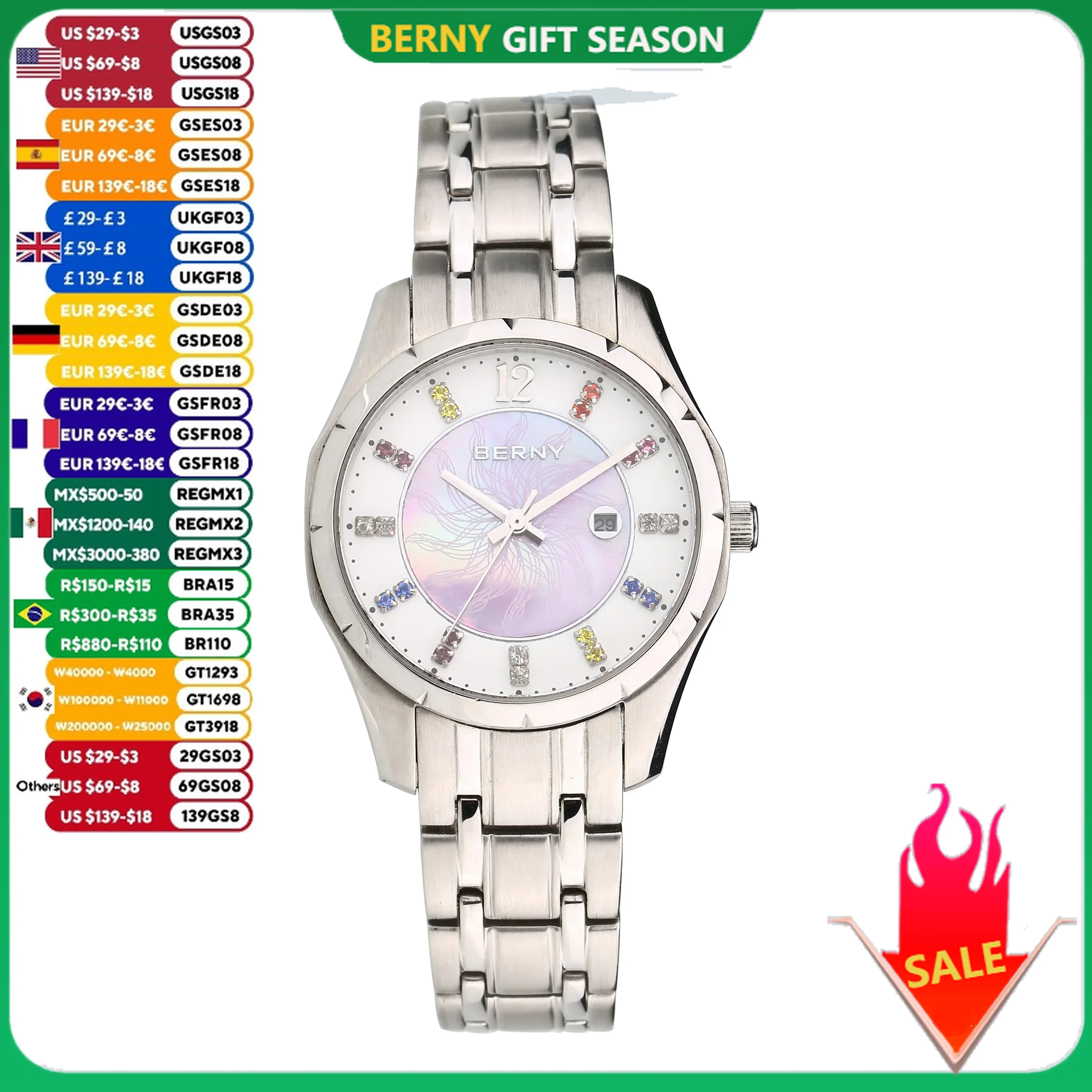 BERNY Watch for Women Fashion Casual Quartz Women\'s Wristwatch Sapphire Glass Colorful Dial Full Stainless Steel Ladies Watches