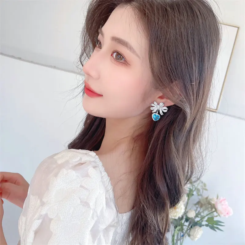 

Heavy industry style, bow, romantic heart earrings, zirconium, sweet and versatile red earrings