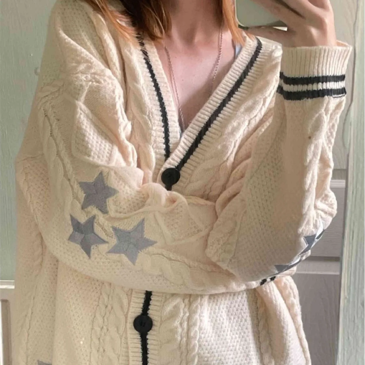 Chic Vintage Star Print Knitted Cardigan Preppy Cute Button Up V Neck Long Sleeve Coat Autumn Y2K Aesthetics Retro Sweater