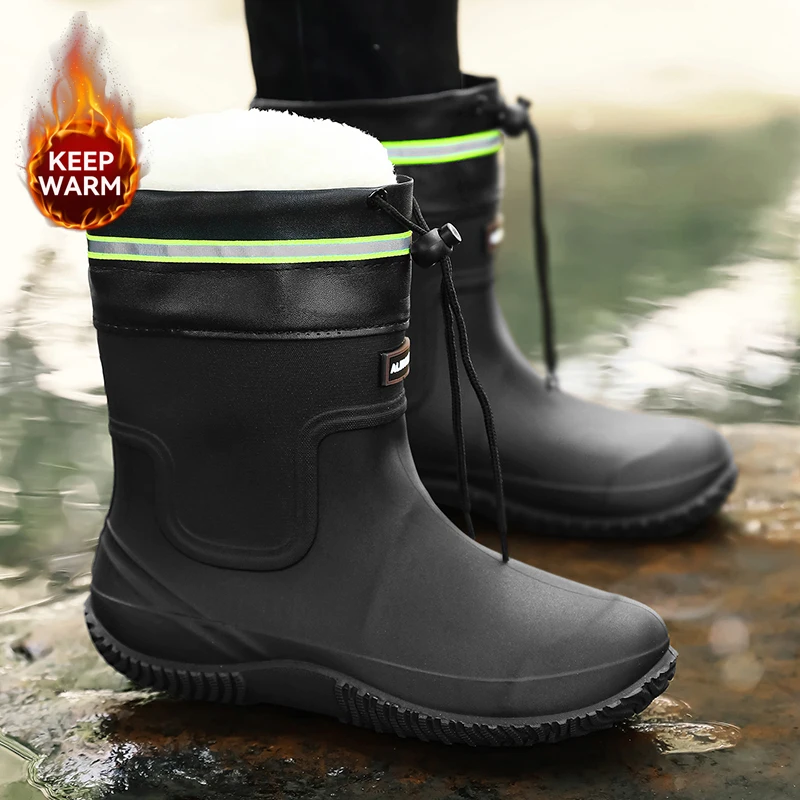 Men's Water Shoes 2025 New Style Warm Cotton Rain Boots Waterproof Fishing Shoes Anti-slip Fleece Lined Rubber Boots