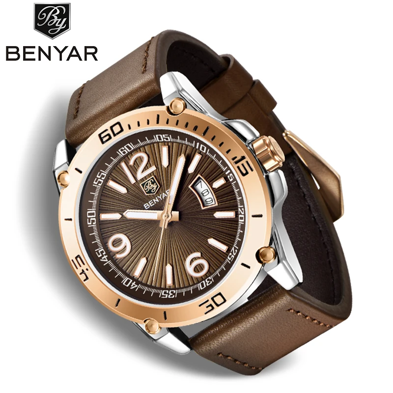 Top luxury brand watches for men BENYAR Men’s quartz watch waterproof luminous fashion sports calendar men’s watch Leather Watch