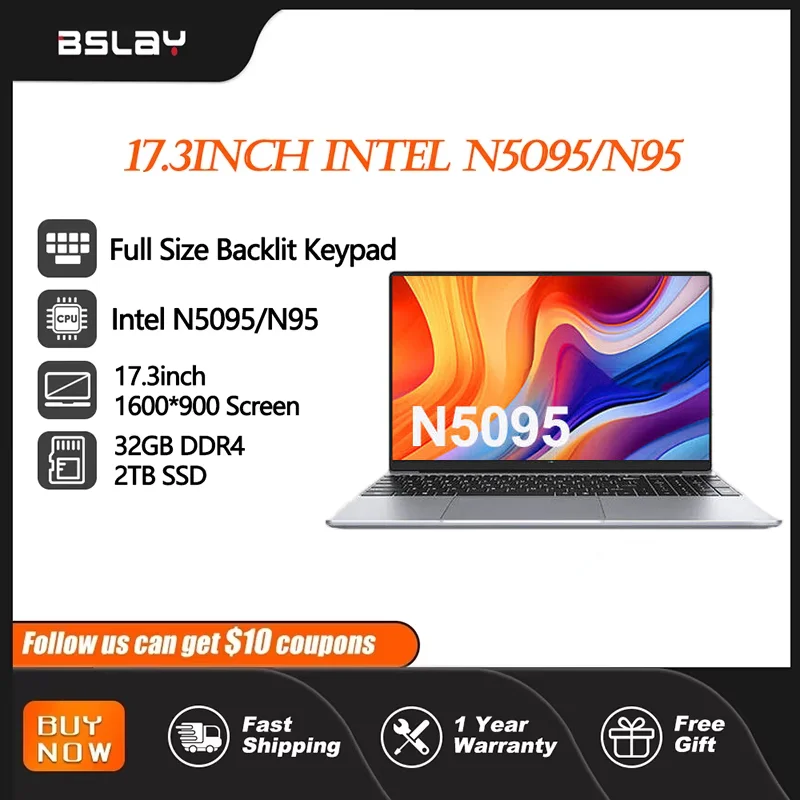 Laptop 17.3 inch Intel N5095 N95 32GB RAM 2TB SSD DDR4 Window11 Fingerprint Print Backlit Keypad HD Camera Gaming Computer PC