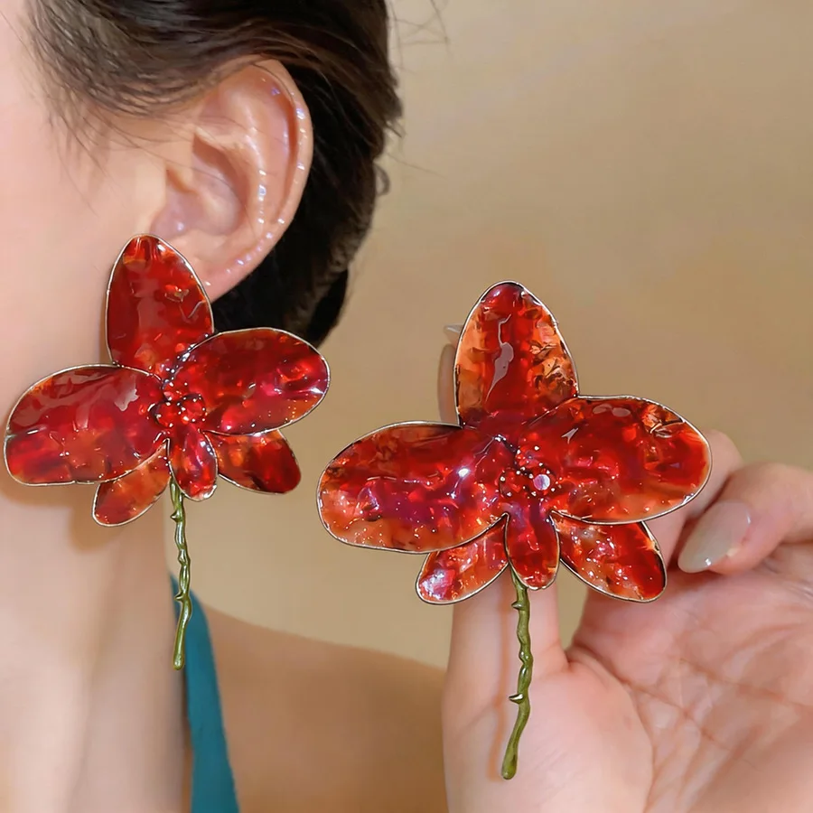 DOO MEI Vintage Multicolor Enamel Orchid Dangle Earrings for Drop Earrings Rhinestone Decor Party Vacation Statement Ear Jewelry