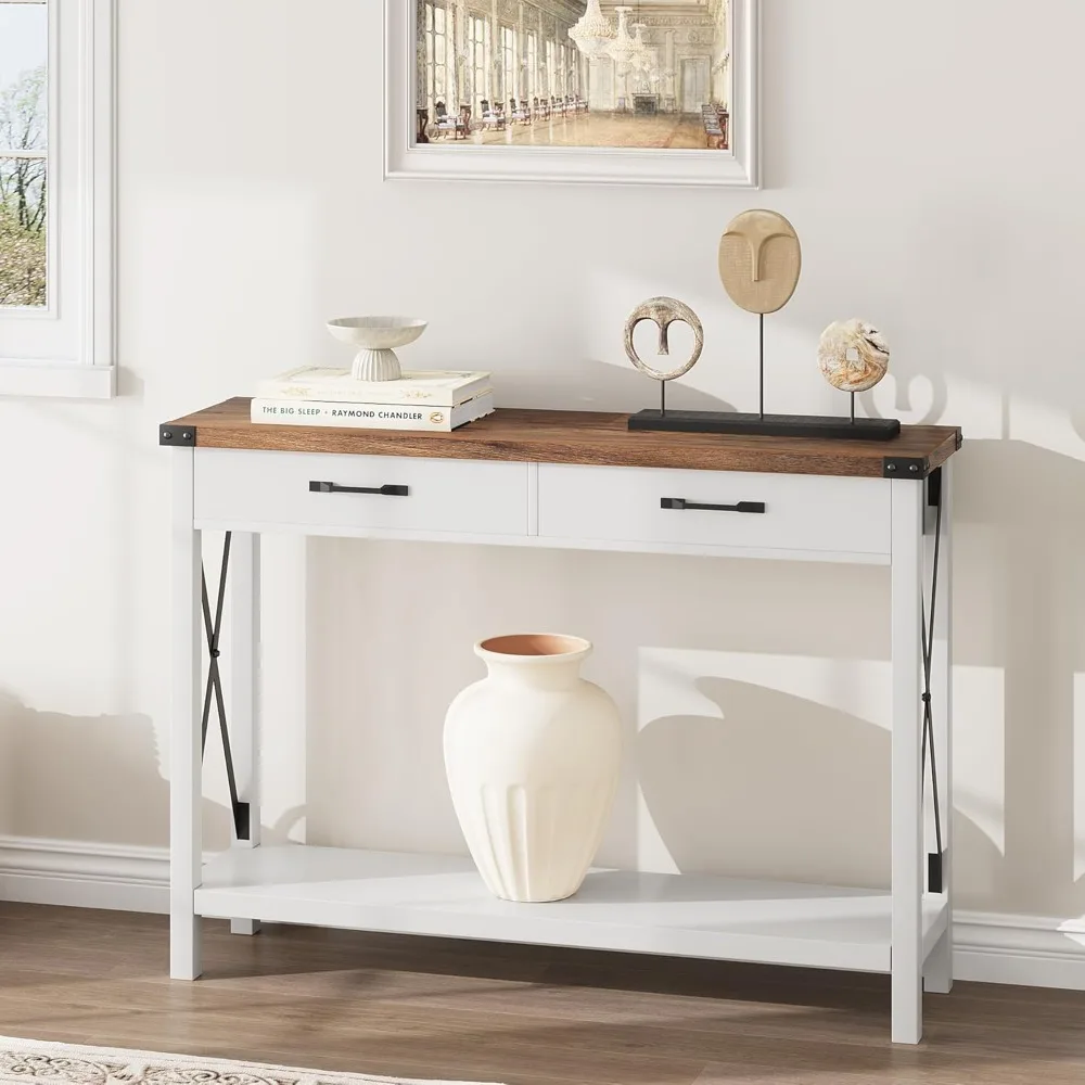 Console Table with 2 Drawers, Farmhouse Sofa Table with Storage Shelf, Accent Wood Entryway