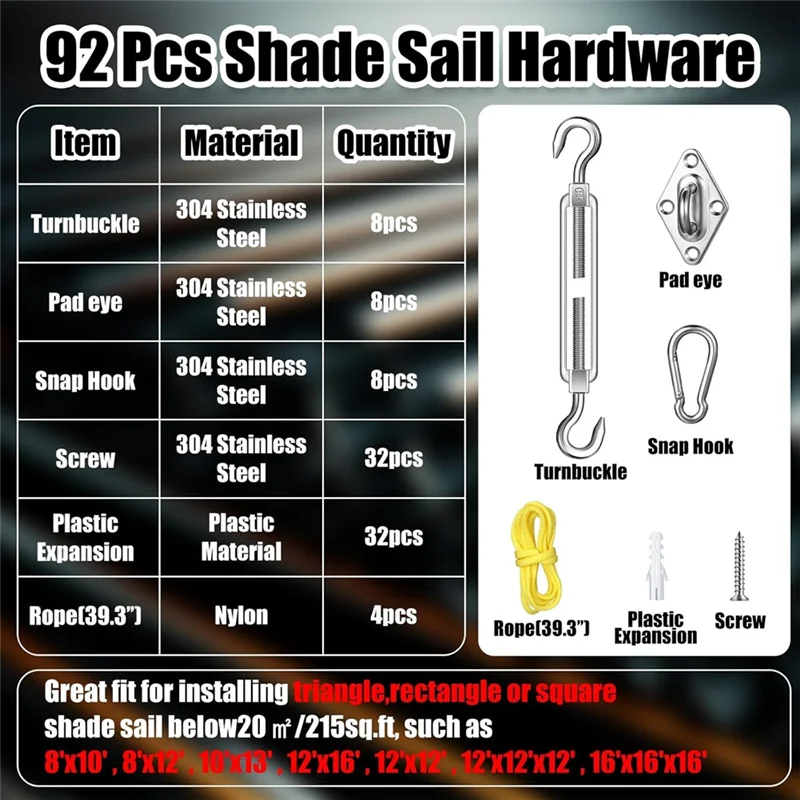 

High Quality-92 Pieces Shade Sail Hardware Kit Rust-Proof Shade Hardware Kit For Triangle Rectangle Shade Sail Installation,92 P