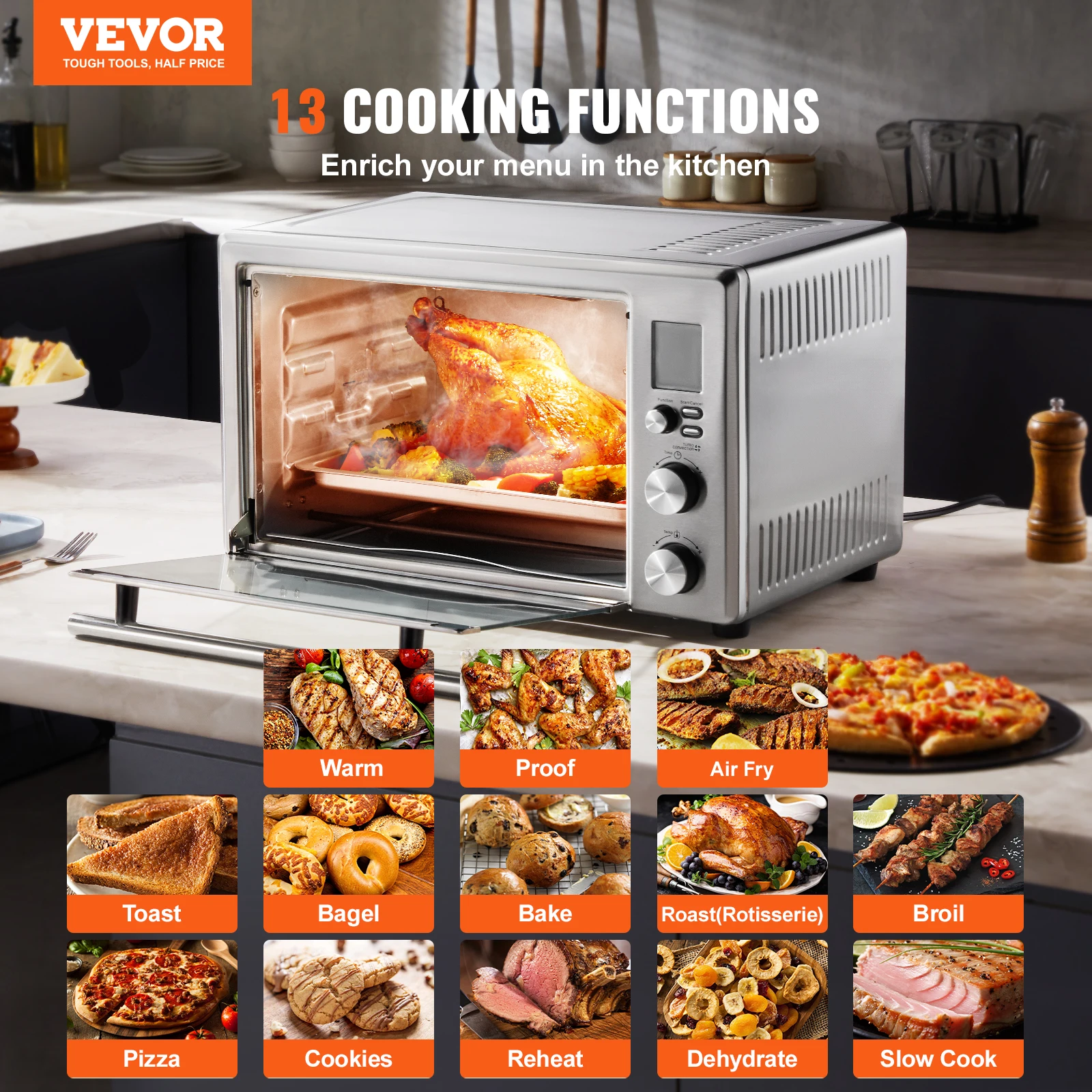 VEVOR 13-IN-1 Air Fryer Toaster Oven 29.6Qt Convection Oven 1800W 2-Tier Toaster Ovens Countertop Combo Home and Commercial Use