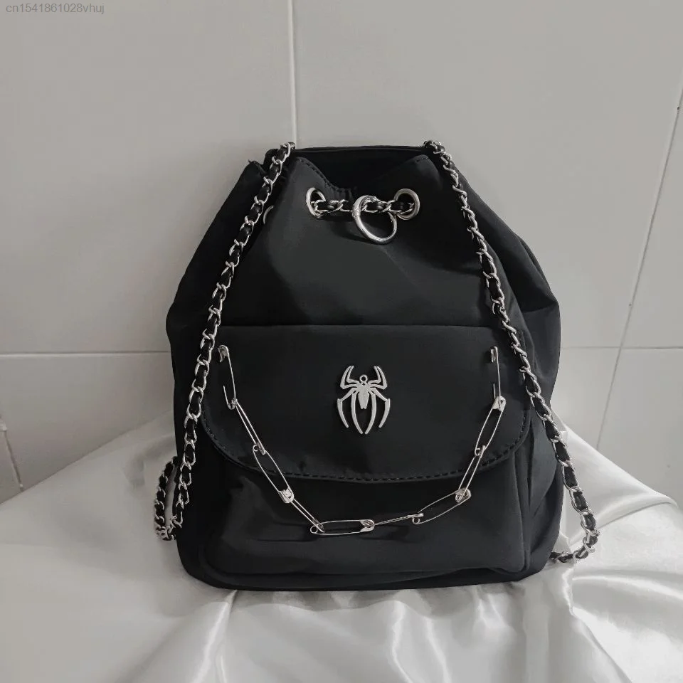 Black Spider Punk Backpack Y2K Chain Drawstring Rock Gothic Motorcycle High Street Hippie Women Men Bag Korean Fashion Yk2 Bags