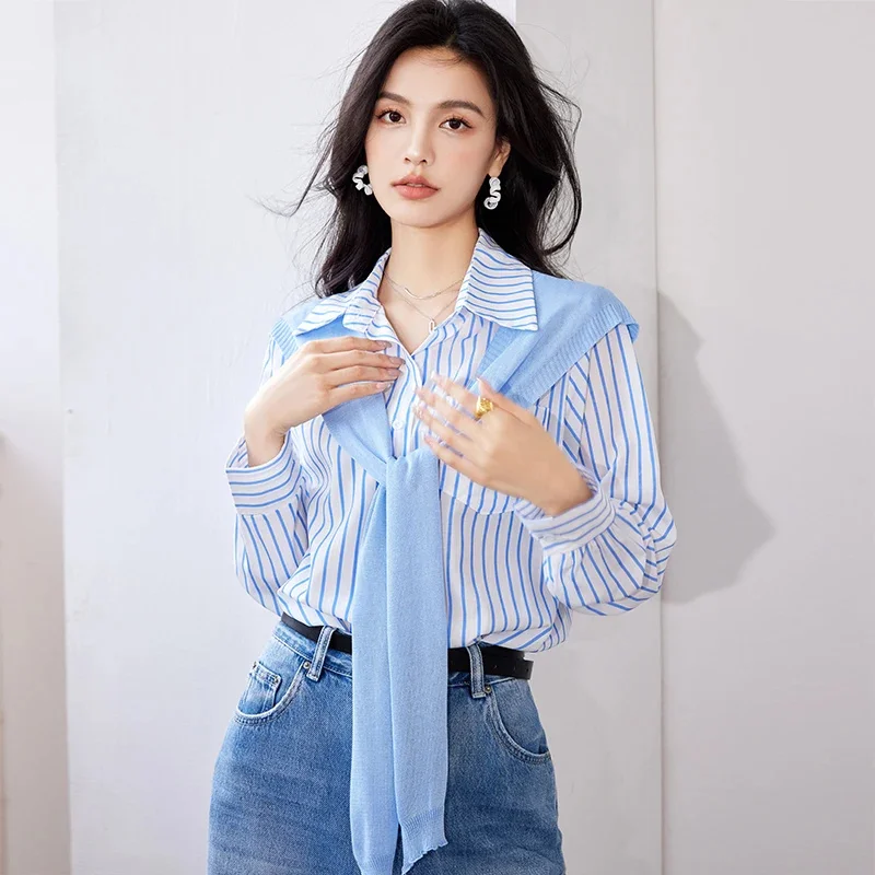 Knitted Shawl Scarf Stitching Vertical Striped Blouse for Women 2023 Autumn Korea Office Ladies Elegant Loose Casual Shirt Top