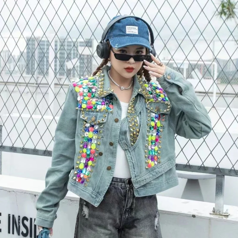 Manual Diamond Fashion Beaded Rivet Jeans Jacket Blue Light Blue Irregular Single-breasted Long Sleeve Slim Short Cowboy Outwear