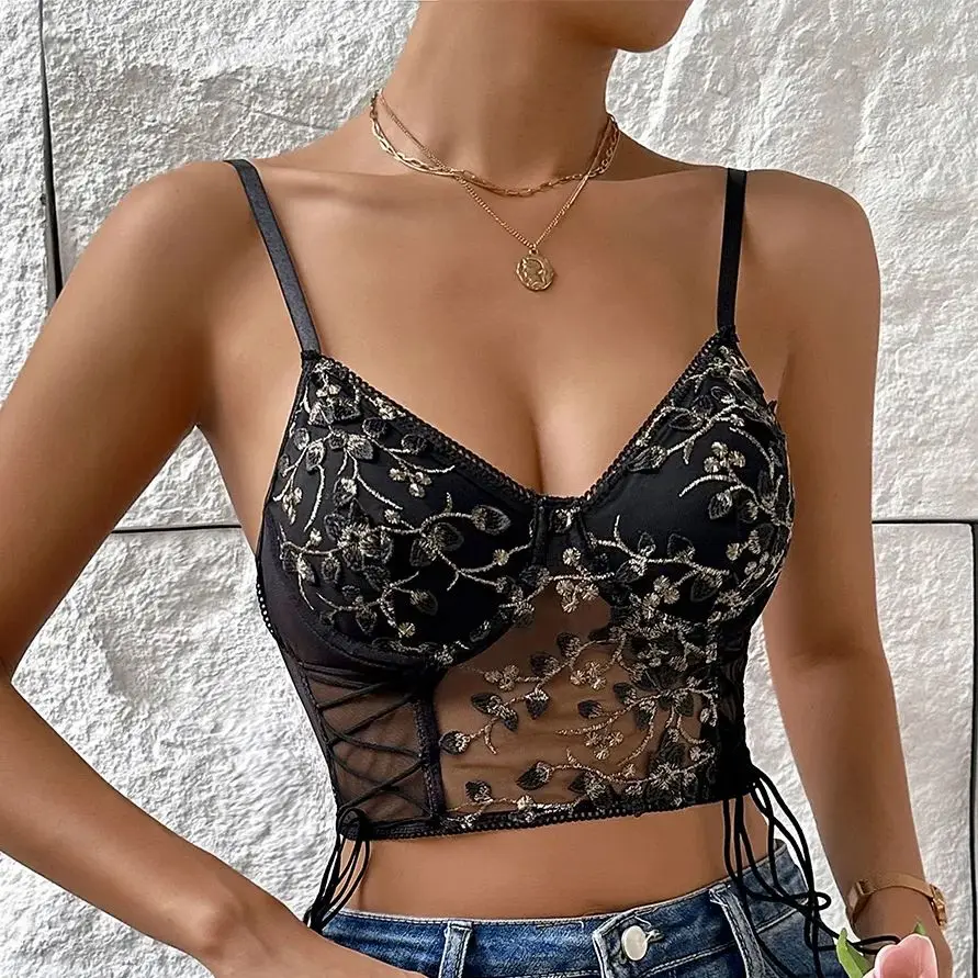 

Embroidery Floral Cropped Top Summer Women Clothes Slim Sleeveless Lingerie Corset Tank Tops Backless Sling Camisole Street Vest