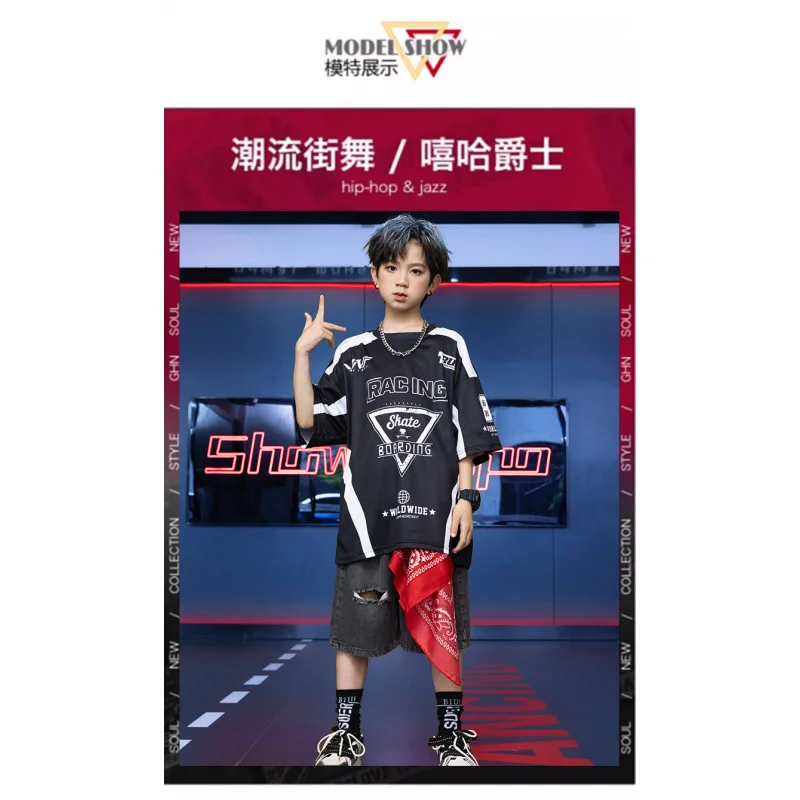 بدلة هيب هوب للأطفال للأولاد رقص الجاز تي شيرت بأكمام قصيرة أسود أبيض زي عرض شخصية طقم شورت للبنات
