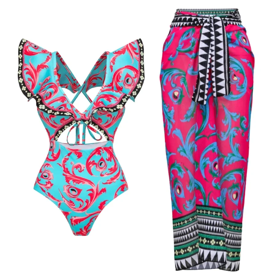 

2024 Printed V Neck Ruffle One Piece and Sarong Swimwear Women Vacation Beachwear Luxury Bathing Suit Bodysuit Dress