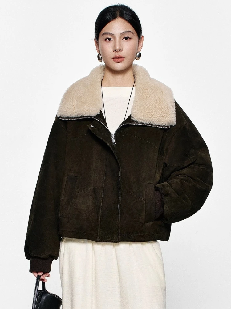 

Natural Wool Collar Genuine Leather Suede Jackets Women Autumn Winter 2026 New High-end Simple Real Cow Leather Camel Down Coat