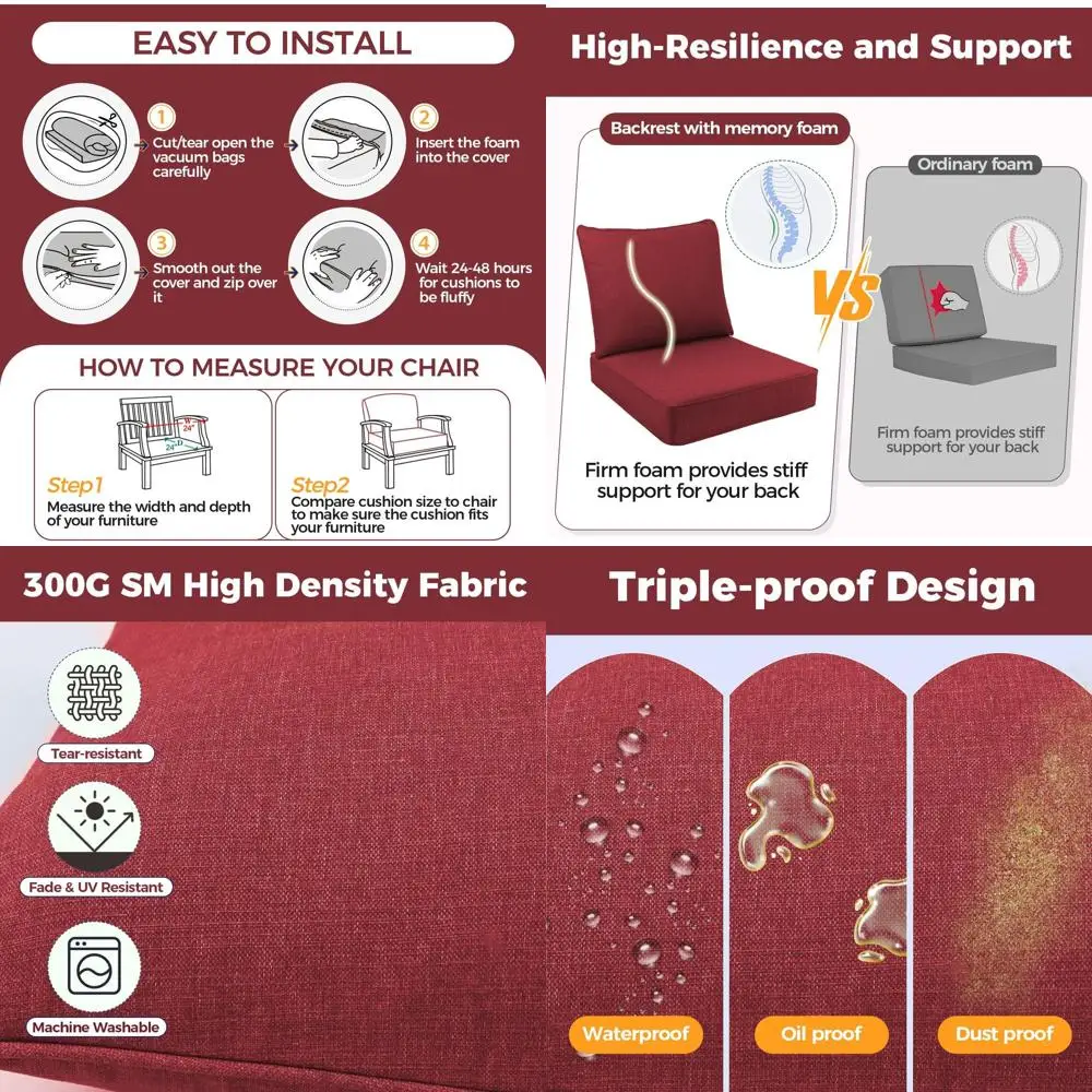 

Weatherproof Outdoor Seat Cushion Set, 24 x 24, Fade-Resistant, Deep Seat Cushions for Patio Chairs (Red)