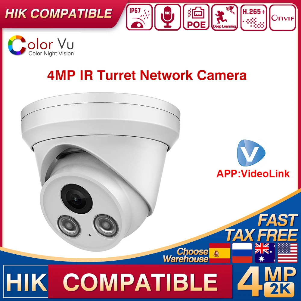 Hikvision Compatible 4MP Full Color Turret Network Camera 24/7 vivid colorful Built-in Microphone Motion detection POE IP Camera