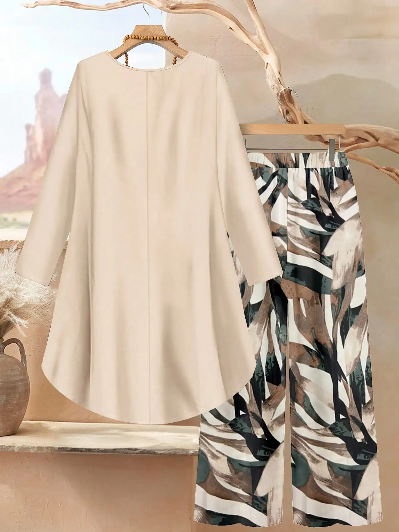 Beige High-Low Top & Leaf Print Wide Leg Pants Set