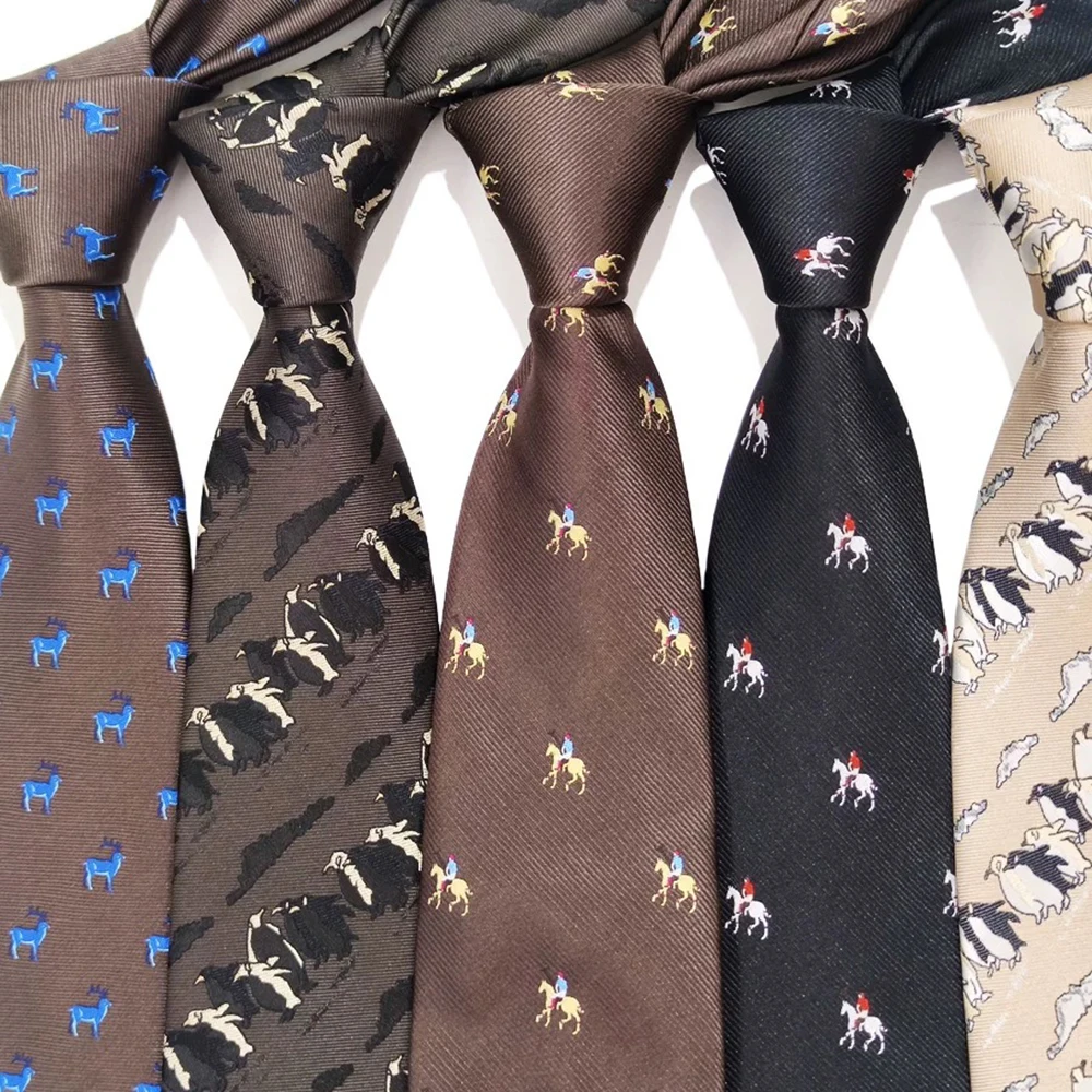 Gravatas Masculinas 2026 com Estampa de Cavalo Chinês, Marrom Cáqui, Pinguim e Animais, para Camisa Casual, Uso Diário, Casamento e Gravata Social