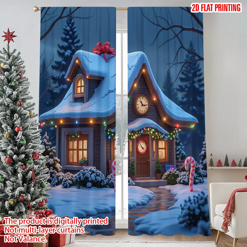 

2pcs 2D flat printing Merry Christmas Curtain Snow scene Winter Wonderland scene 100% Polyester Without Electricity Family Party