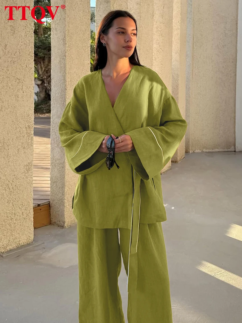 

TTQV Casual Loose Green Cotton 2 Piece Set Women 2026 Fashion Long Sleeve Robes With High Waist Wide Pants Set Female Clothing