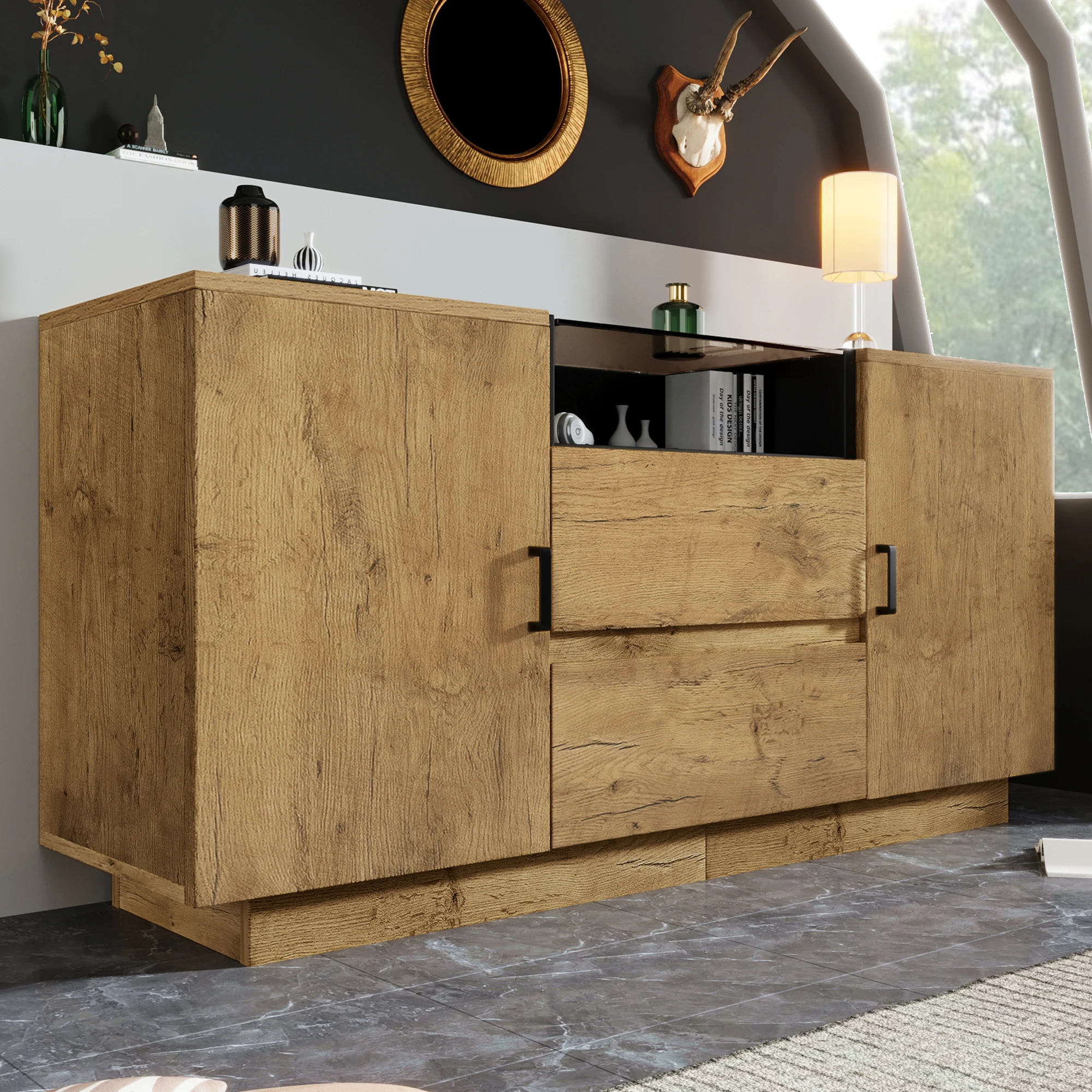 Buffet 140x40x70 cm - 2 tiroirs et 2 placards ajustables, compartiment ouvert, verre ESG et poignées noires - Chêne Clair