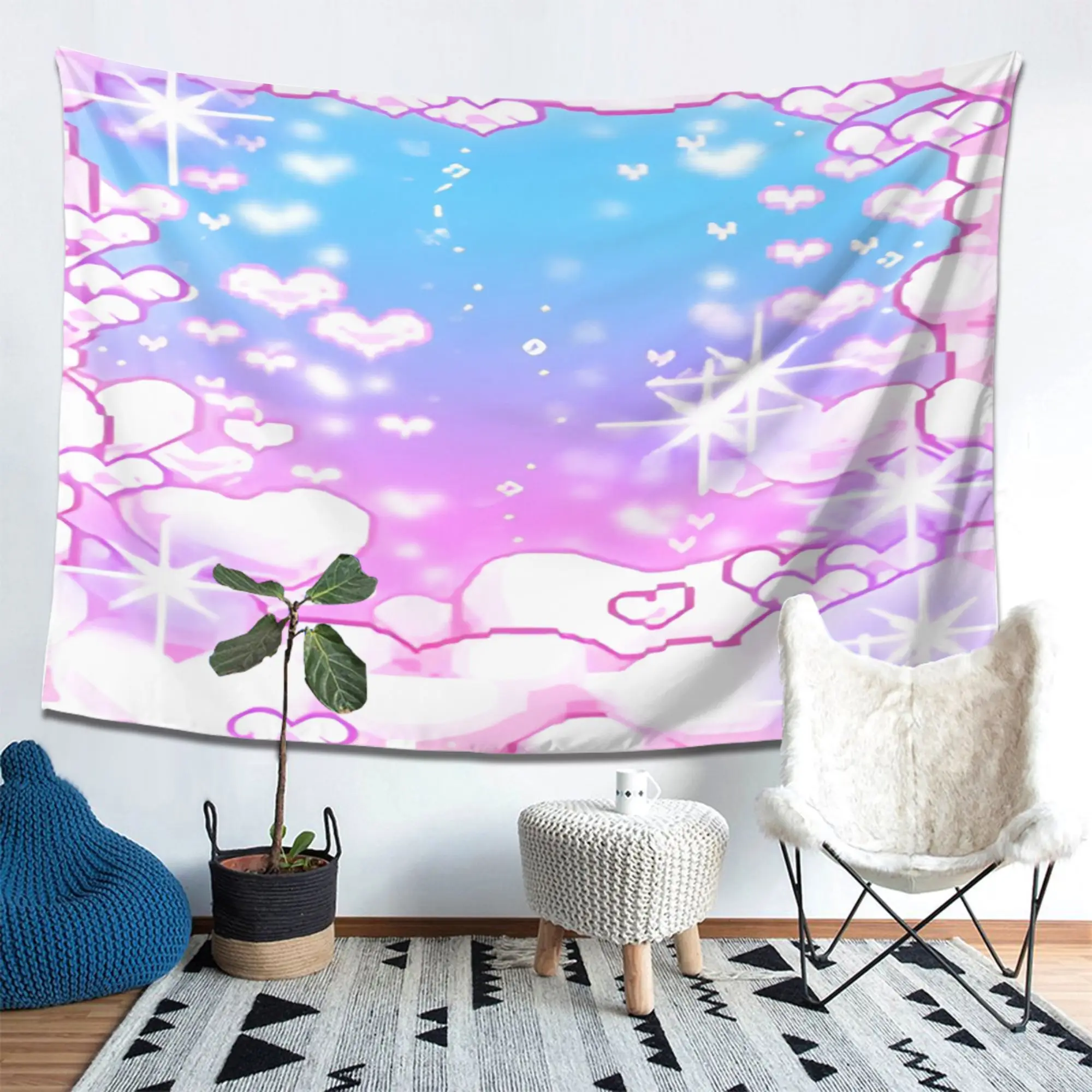 Dreamy Cloud Tapestry, Pink Heart Sky Wall Hanging, Y2K Aesthetic Room Decor, Sparkle Stars Pastel Gradient Art, Fairycore Vibe