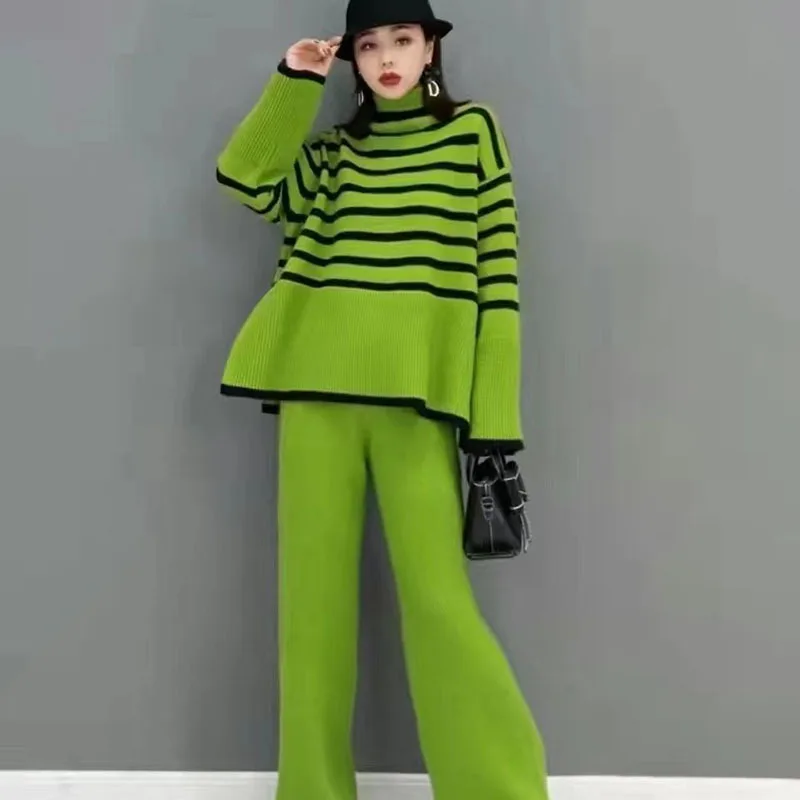 Casual Loose Striped Sweater Set Pijamas Women Long Sleeve Turtleneck Jumpers Wide Leg Knitted Pants Autumn Women Sleepwear Set