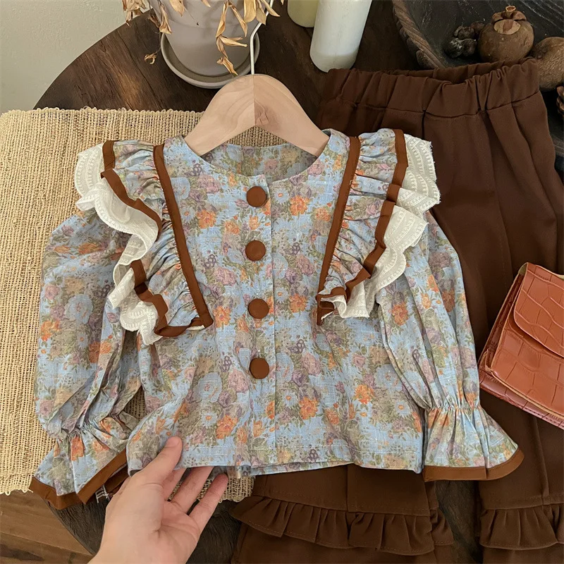 

French Style Toddler Girl 2 Piece Sets Outfits Fashion Kids Clothes Babay Girls Cute Floral Shirt + Bell Bottoms Vintage Suit