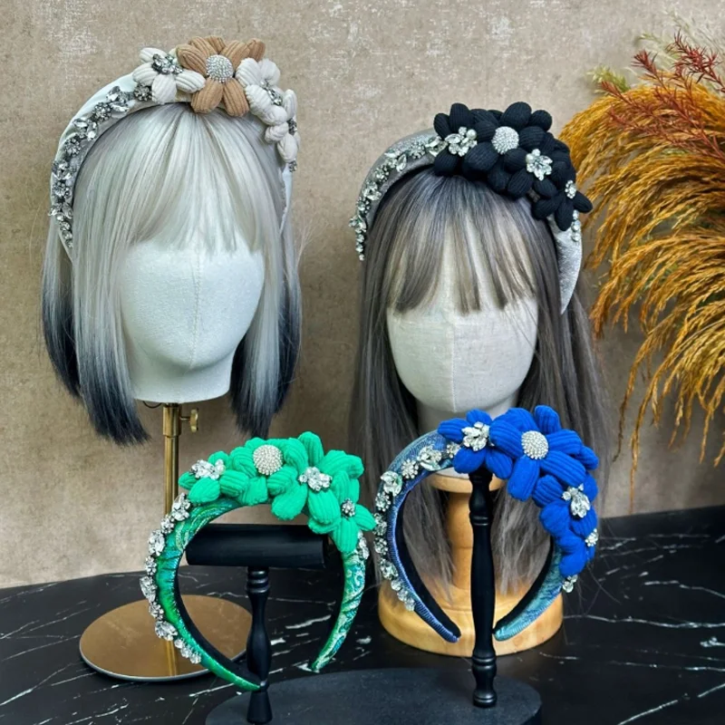 Jacquard Fabric Headband with Diamonds Flowers Cute Cartoon Wide Hair Hoop Vintage Chinese Style Hair Accessories and Headwear