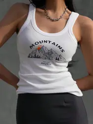 Mountains Letter Printing Tank Top Summer Womens Sleeveless Tight Ribbed Female Cotton Knit Vest Straps Casual Street Clothing