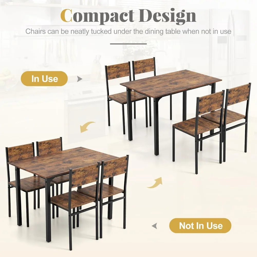 Dining Table Set for 4, 5-Piece Kitchen Table Set with Dinner Table, Dining Chairs, Metal Frame, Space-Saving Dinette Se