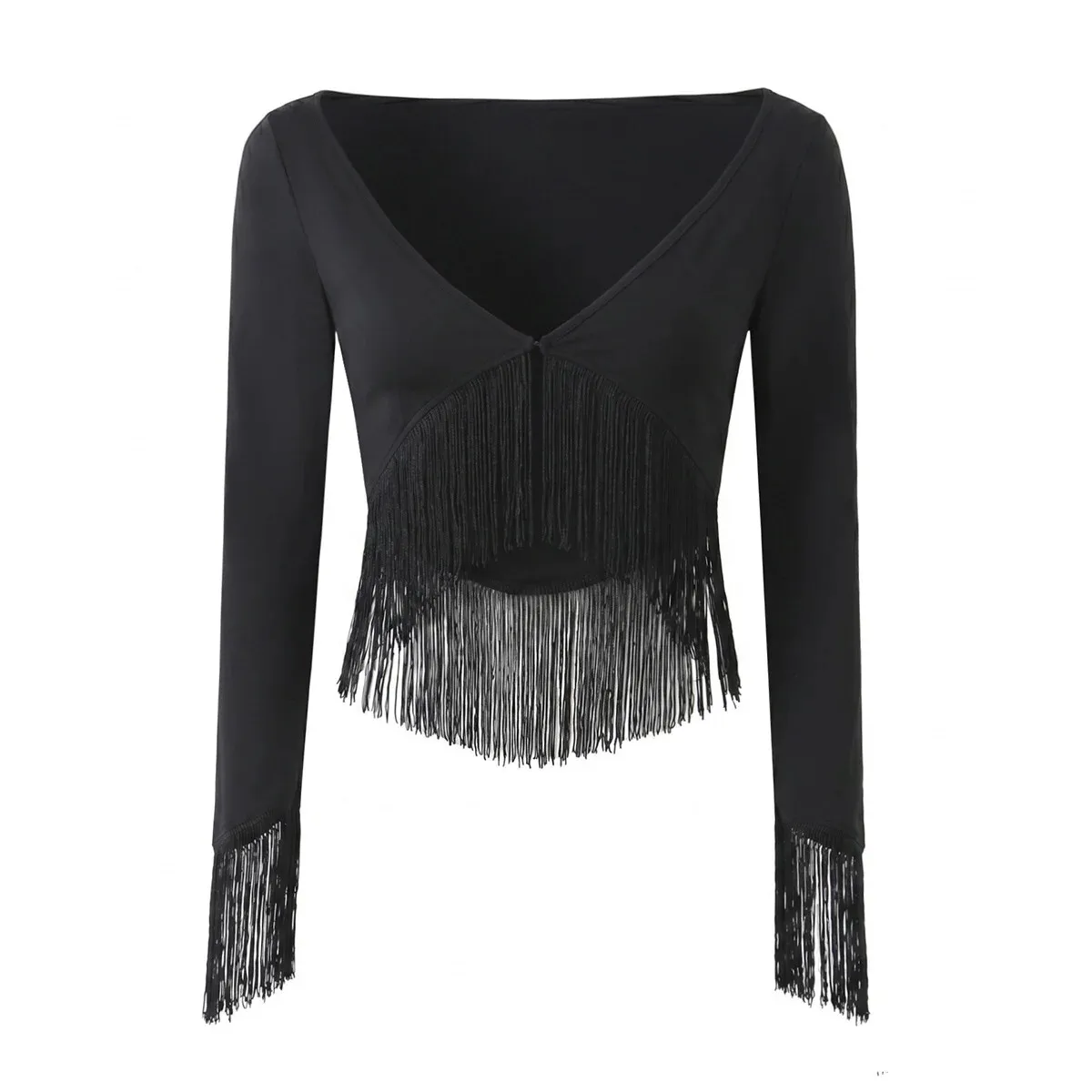 European and American 2026 new summer style French pure lust style sexy deep V-neck long-sleeved tassel decorated short stretch