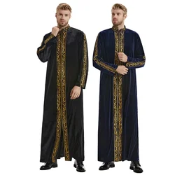 Muslim golden velvet embroidered robe hui thickened embroidered famous thobe for men