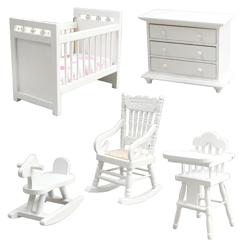 1:12 Scale Dollhouse Miniature Furniture - White Kids' Room Set (Bed, Rocking Chair, Rocking Horse, Cabinet)
