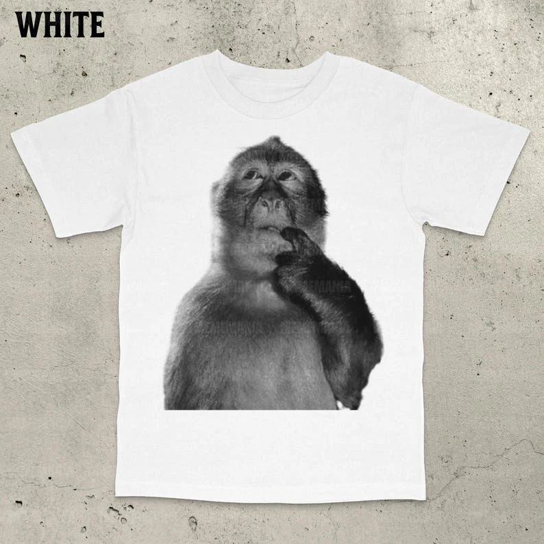 Vintage Monkey Thinking Graphic T Shirt Ape Primate Meme Thoughtful Print Unisex Oversized Casual Short Sleeve Daily Tee Tops