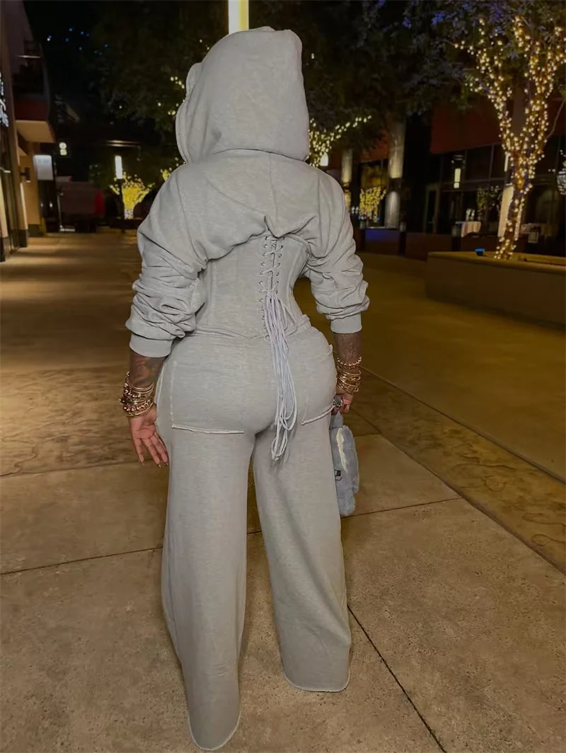 Streetwear casual agasalho mulher conjunto de duas peças desportivo zíper com capuz rendas bandagem espartilho jaqueta e moletom conjuntos combinando