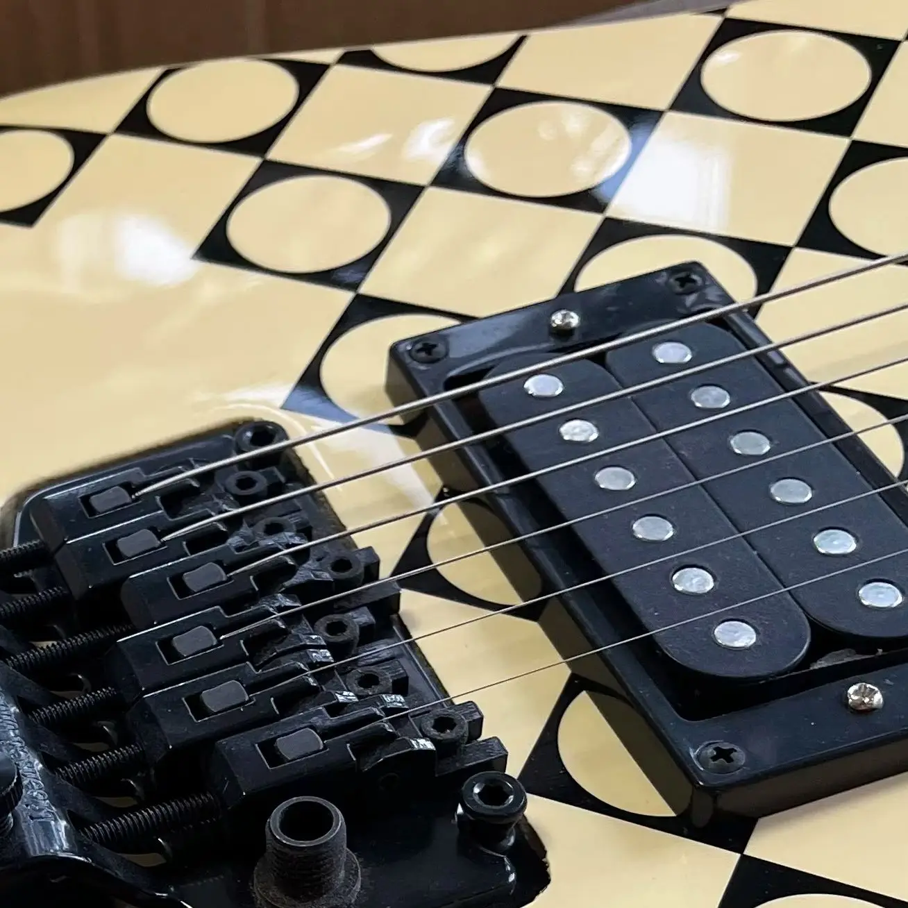 Cream-Colored Electric Guitar Black And White Geometric Patterns Circular And Square Patchwork Prints, Blue Dress, Rosewood Fingerboard, Maple Body, Christmas Gift, US Stock, Free Shipping. view 6