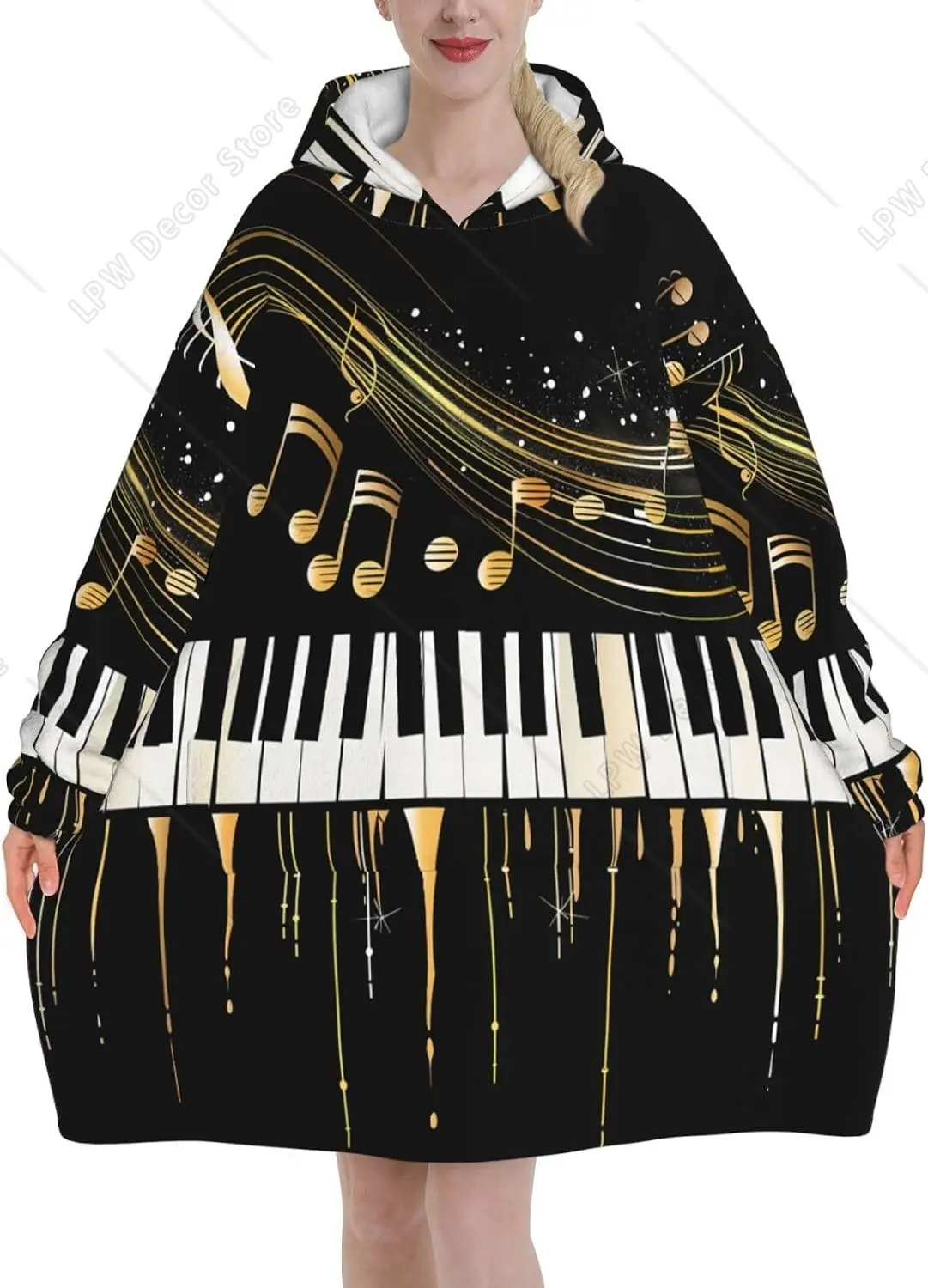 Music Theme Wearable Blanket Hoodie Piano Keyboard Music Notes Oversized Sweatshirt Blanket Cozy Warm Sherpa Hooded Blanket