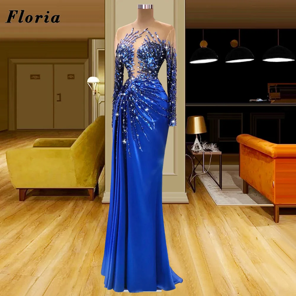 Bling Royal Blue Evening Dresses With Beads 2022 Custom Made Luxury Long Celebrity Dress Wedding Party Gowns Dubai Prom Dress