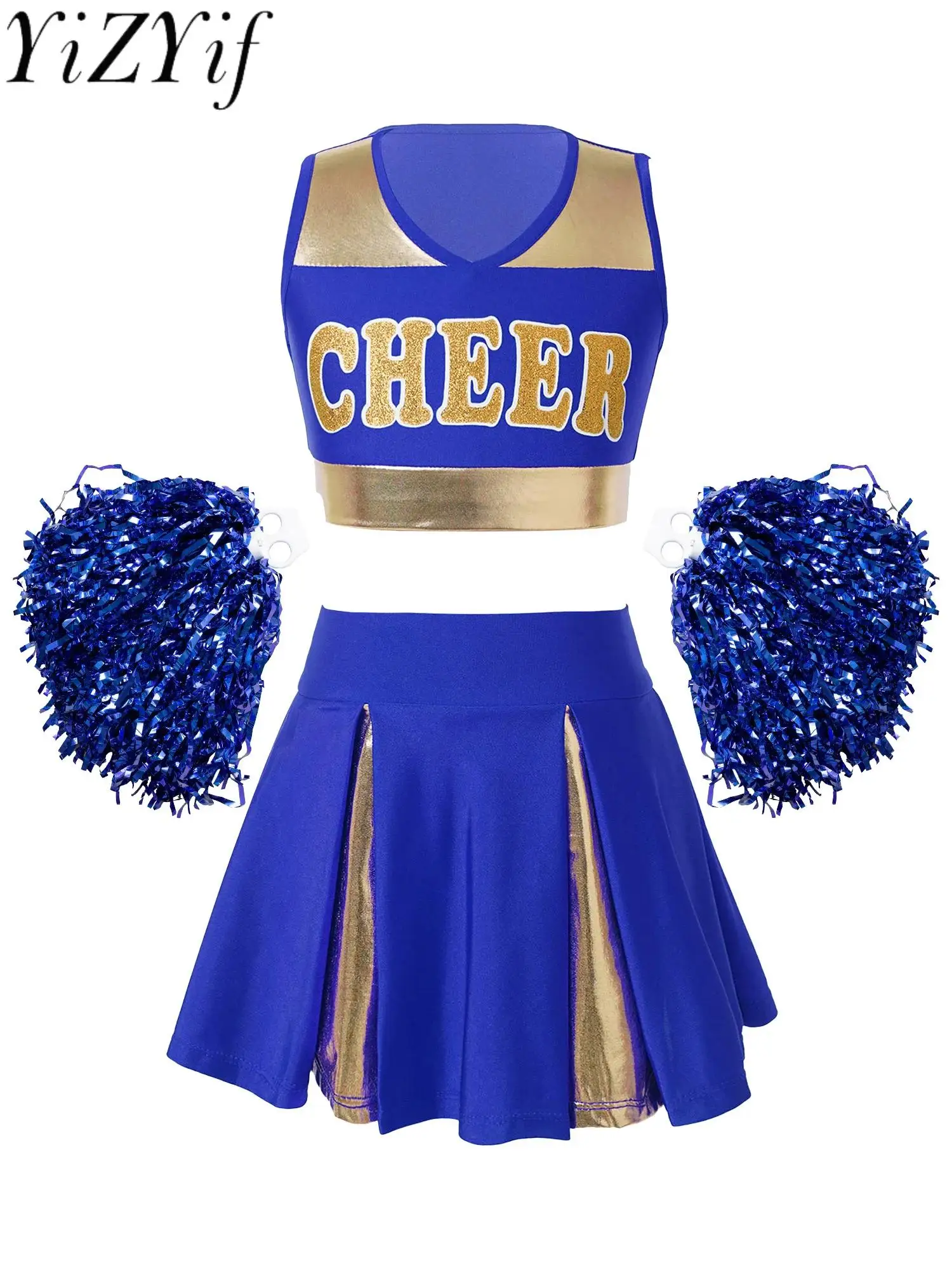 Girls Cheerleader Uniform Dance Costumes Sleeveless V Neckline Cheers Print Crop Top with Pleated Skirt and Pompoms Sets