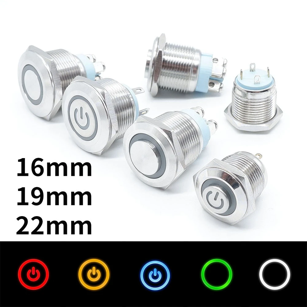 16mm 19mm 22mm Metal Button Switch PC Power Car Start Stop Switch With Led Light Short Momentary Self-reset Push Buttons 12V 24V