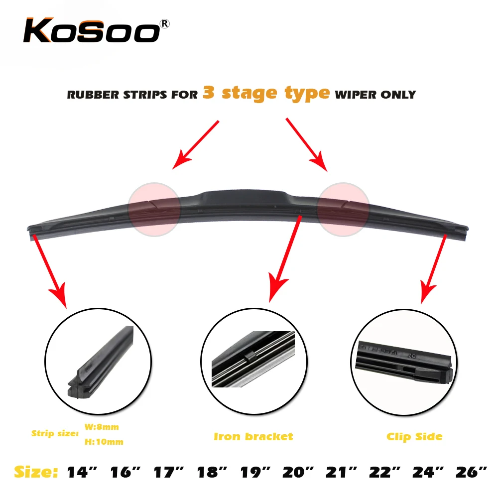 KOSOO-Car Wiper Blade para pára-brisas, Faixa de substituição de borracha natural, Auto Acessórios, 8mm, 14 \