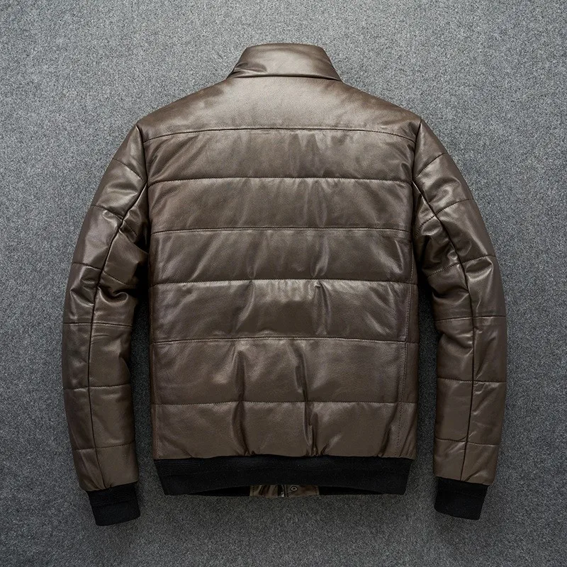 This short light coffee-colored cotton with a stand-up collar for warmth is made of thick pure leather and