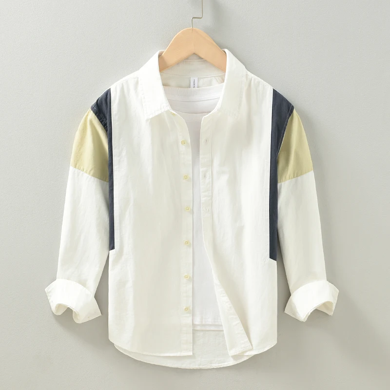 

Loose Fit Long Sleeve Pure Cotton Men's Shirt Youth Fashionable Style Color Block Spring Autumn Outerwear