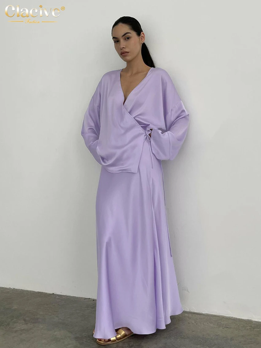 

Clacive Casual Loose Purple Satin Women's Two Pieces Set 2024 Elegant Long Sleeve Lace-Up Robes With High Waist Long Skirt Set