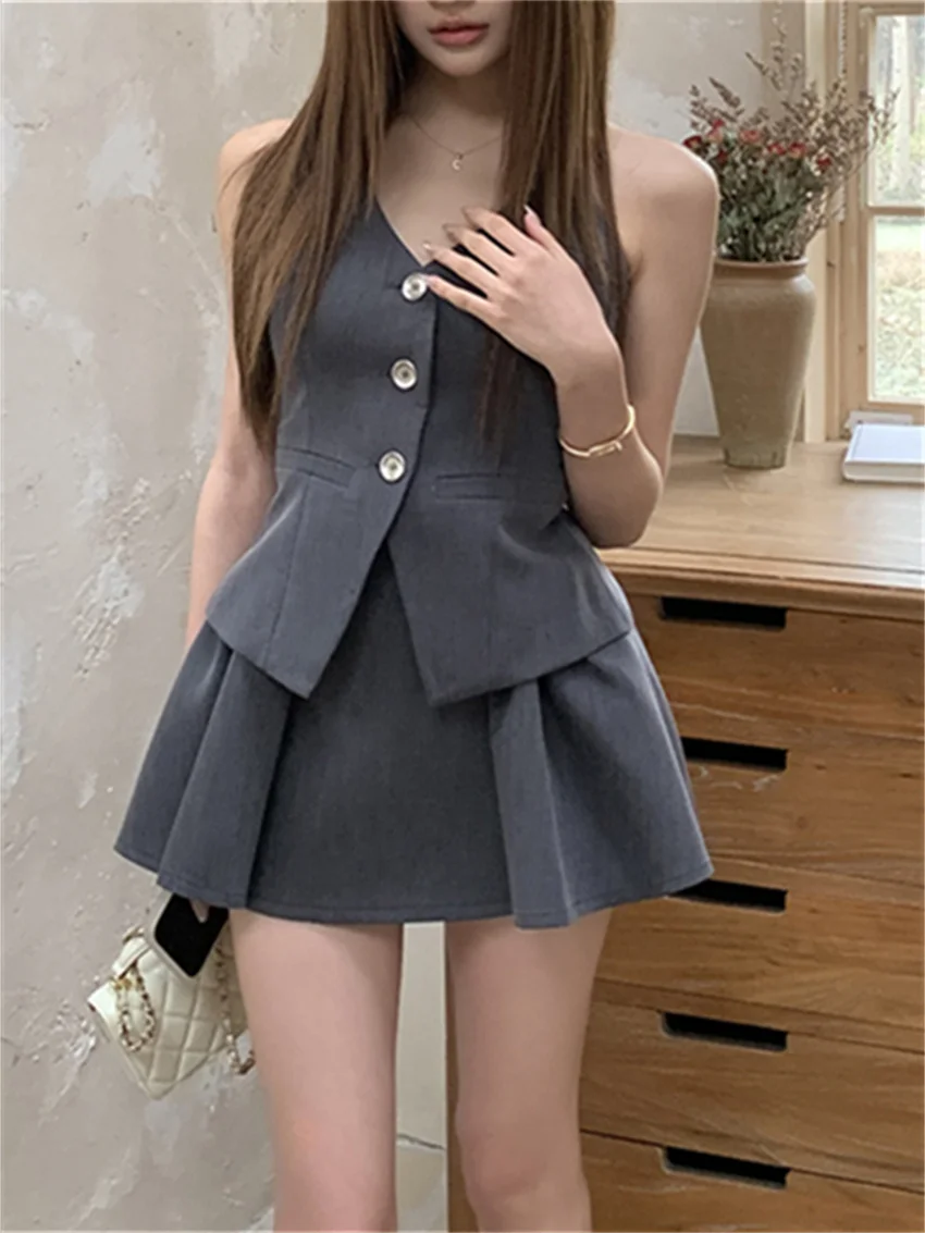 Alien Kitty 2024 Hot Sale Women Suits OL Slim-Fit Vest Off Shoulders Sexy Summer High Street Pleated Mini Skirts Fashion