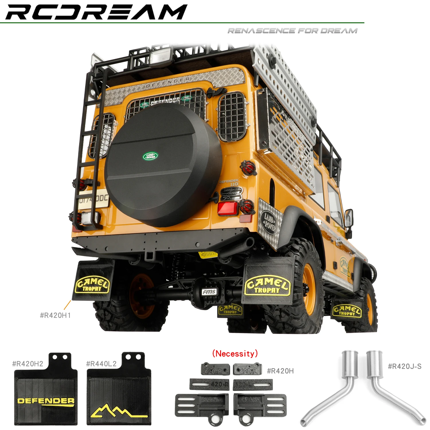 RCDream 3D Printed Soft Mud Flaps Mudguard / Exhaust pipe Mufflers / Fule Tank for 1/10 FCX10 Camel Trophy Defender Upagrde Part