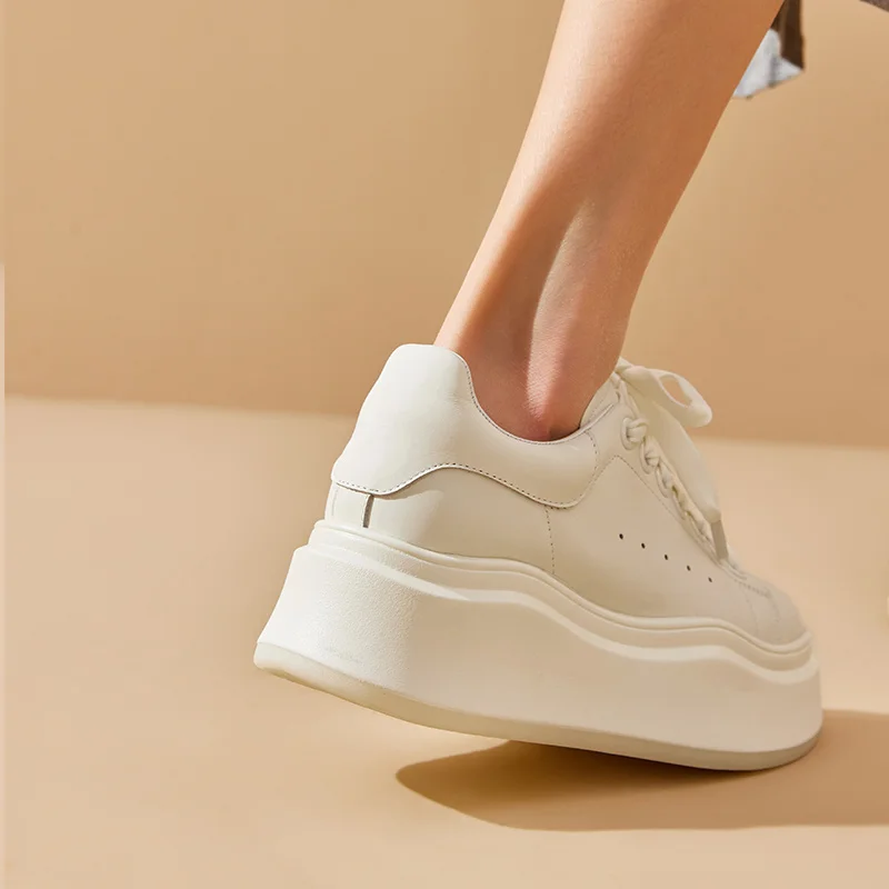 BEAUTODAY White Sneakers Women Genuine Cow Leather Solid Color Lace-up Thick Sole Spring Ladies Casual Shoes Handmade 29746 image 5