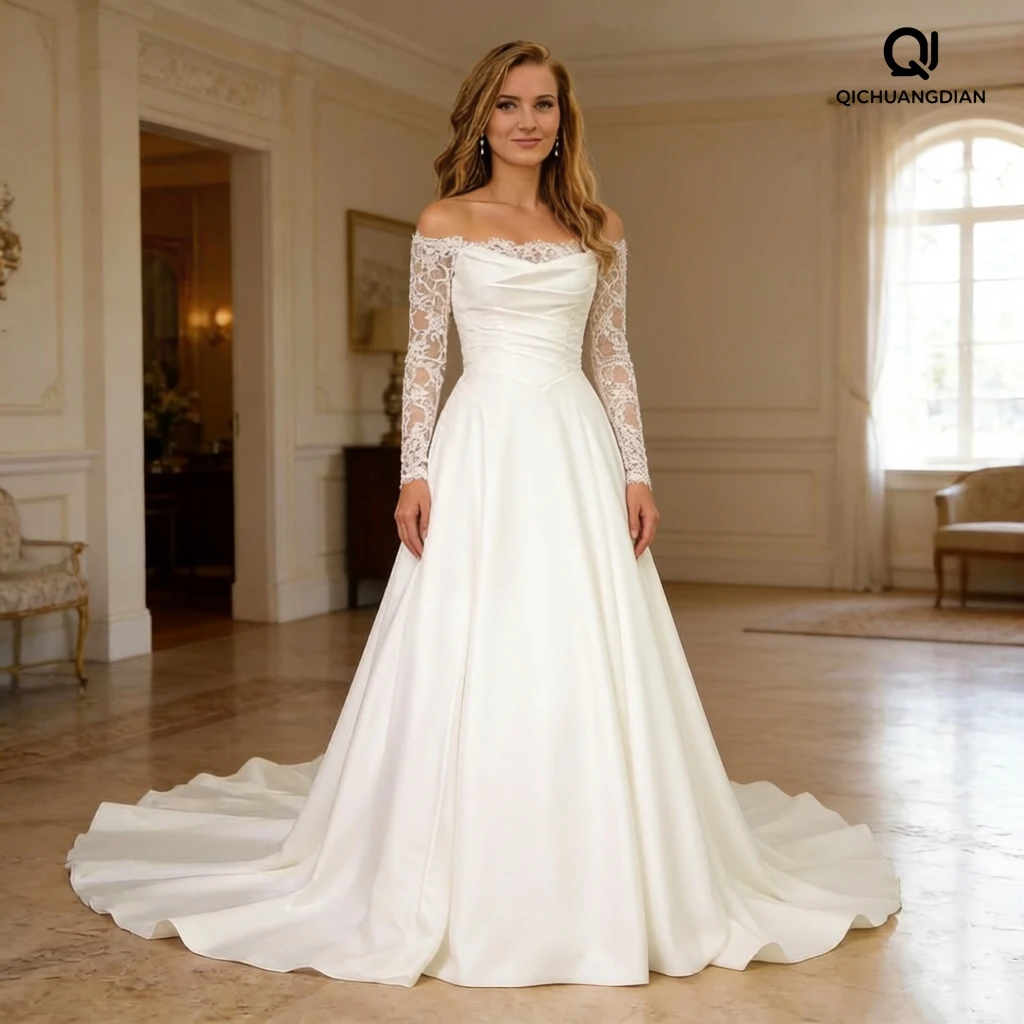

Customized Simple Off Shoulder Long Sleeves A-Line Satin Wedding Dress Button Back Floor Length Sweep Train Gown For Bride