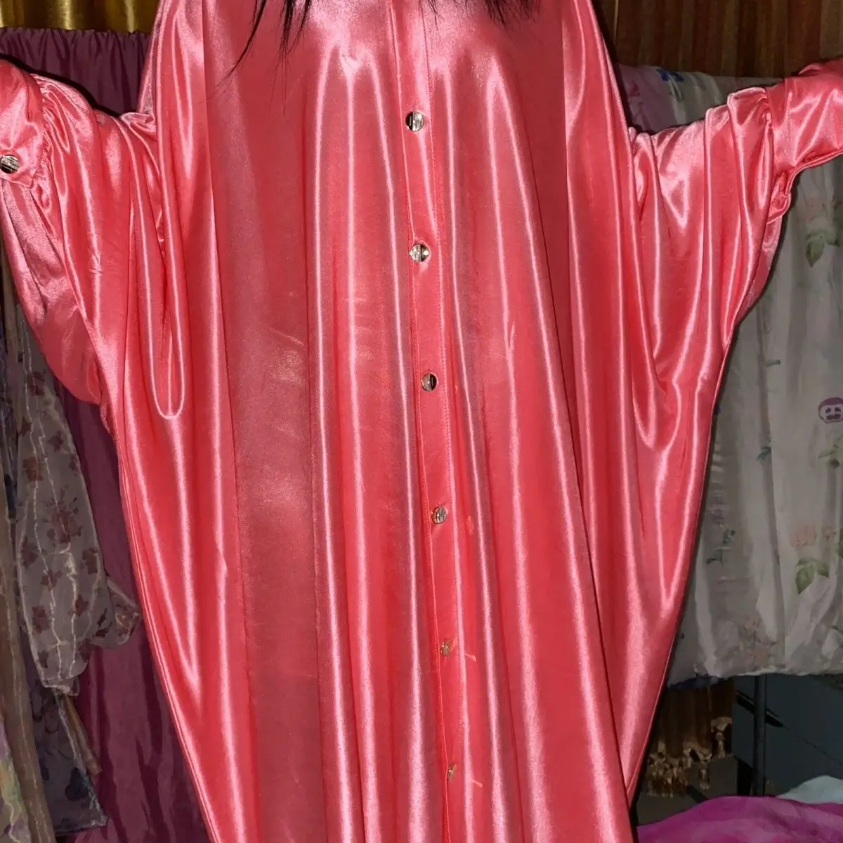 Glossy Sexy Men Women Satin Maxi Dress Batwing Sleeve Loose Night Dress Sleeping Robe view 5
