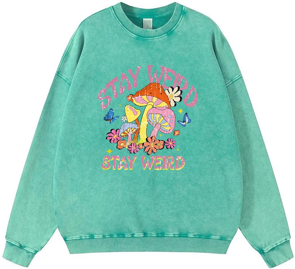 Stay Weird Mushroom Flowers Man Vintage Washed Cotton Sweatshirt Harajuku Casual Pullover Fashion Oversize Autumn Warm Fur-Liner